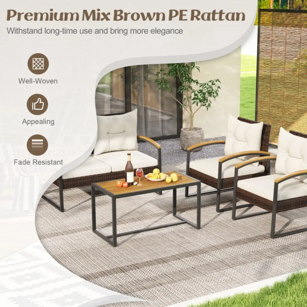 4 Piece Patio Rattan Conversation Sofa Set With Tabletop Cushions