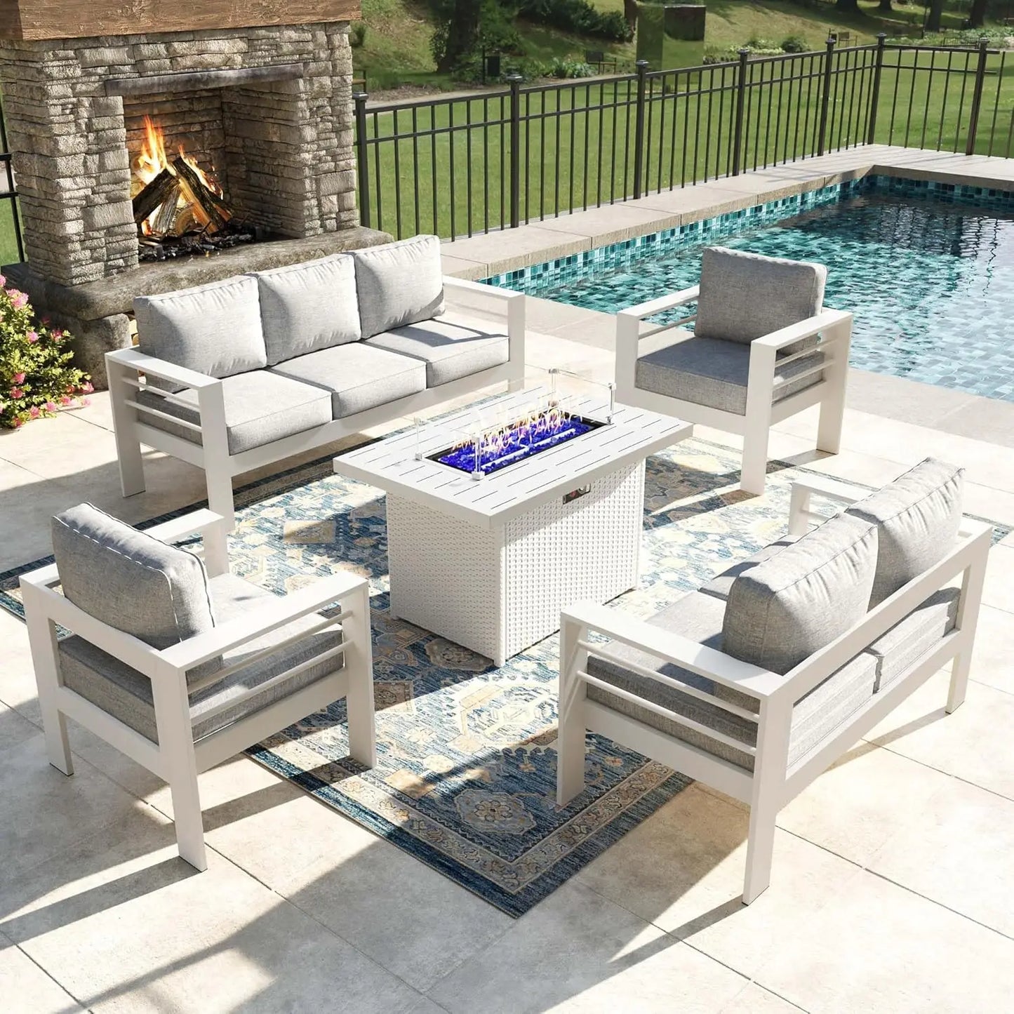 Modern Aluminum Outdoor Patio Furniture Set With Fire Pit Table