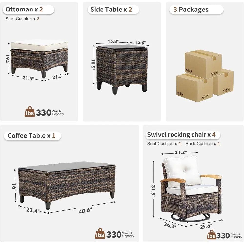 9 Piece Outdoor Patio Furniture Set With Wicker Conversation Chairs