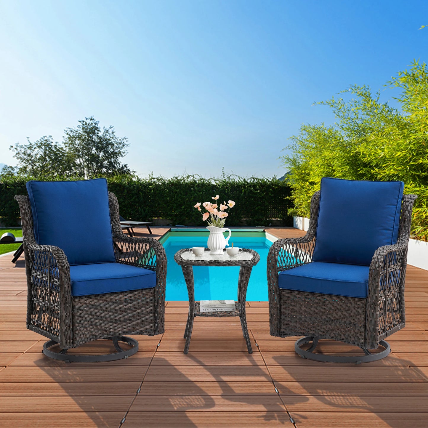 HobbyLane 3-Piece Outdoor Wicker Swivel Chair Set With Table