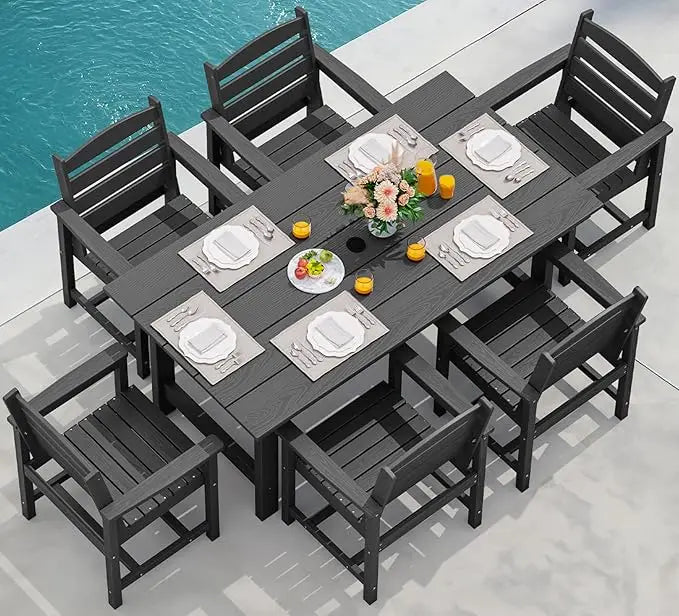 Outdoor HDPE Dining Table Set With Umbrella Hole And Six Chairs