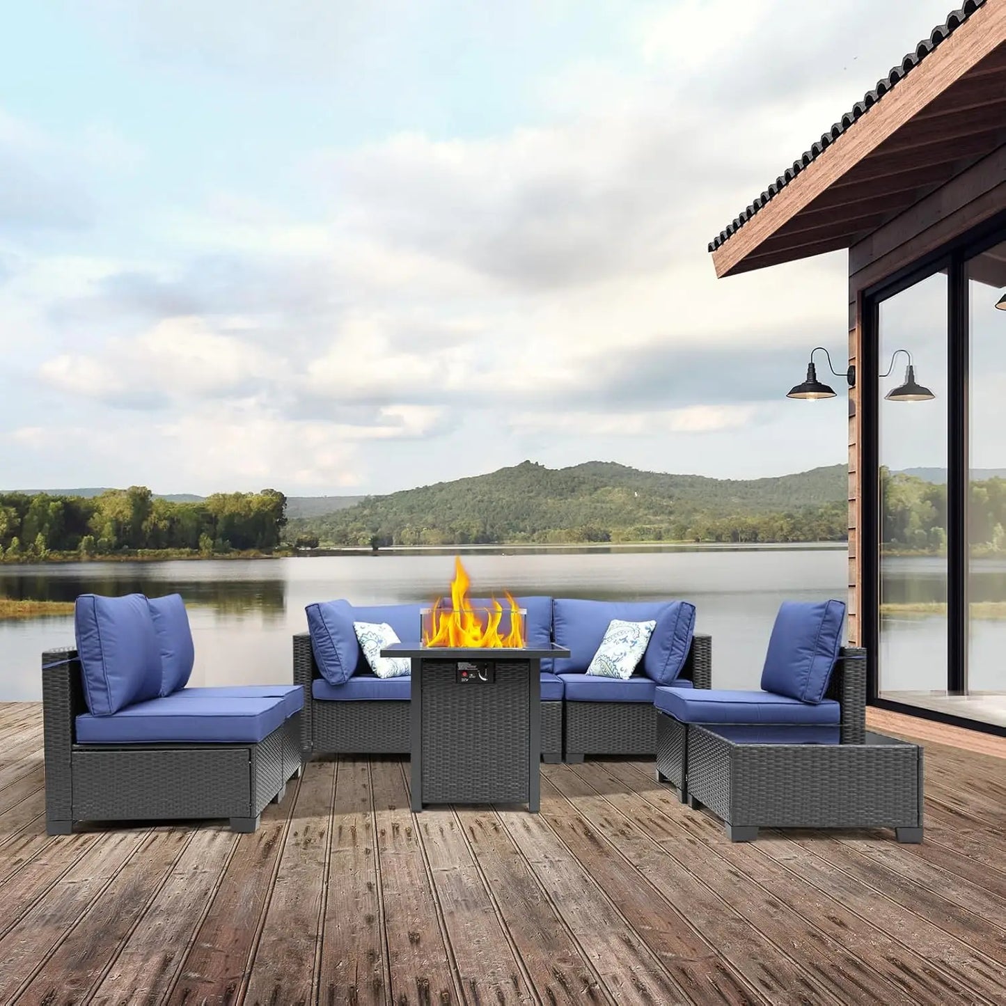 8 Piece Patio Furniture Set With Fire Pit Table Wicker