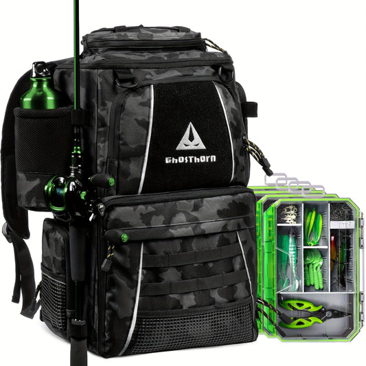 GHOSTHORN Fishing Tackle Backpack With 4 Tackle Boxes And Rod Holder