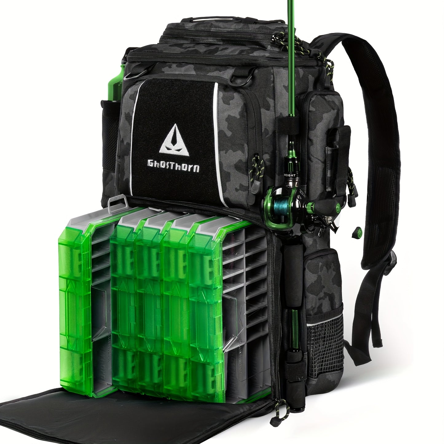 GHOSTHORN Fishing Tackle Backpack With 4 Tackle Boxes And Rod Holder