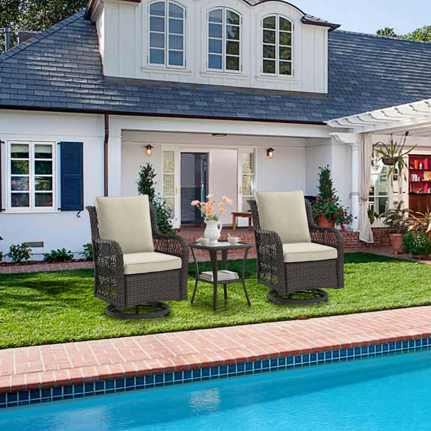 HobbyLane 3-Piece Outdoor Wicker Swivel Chair Set With Table