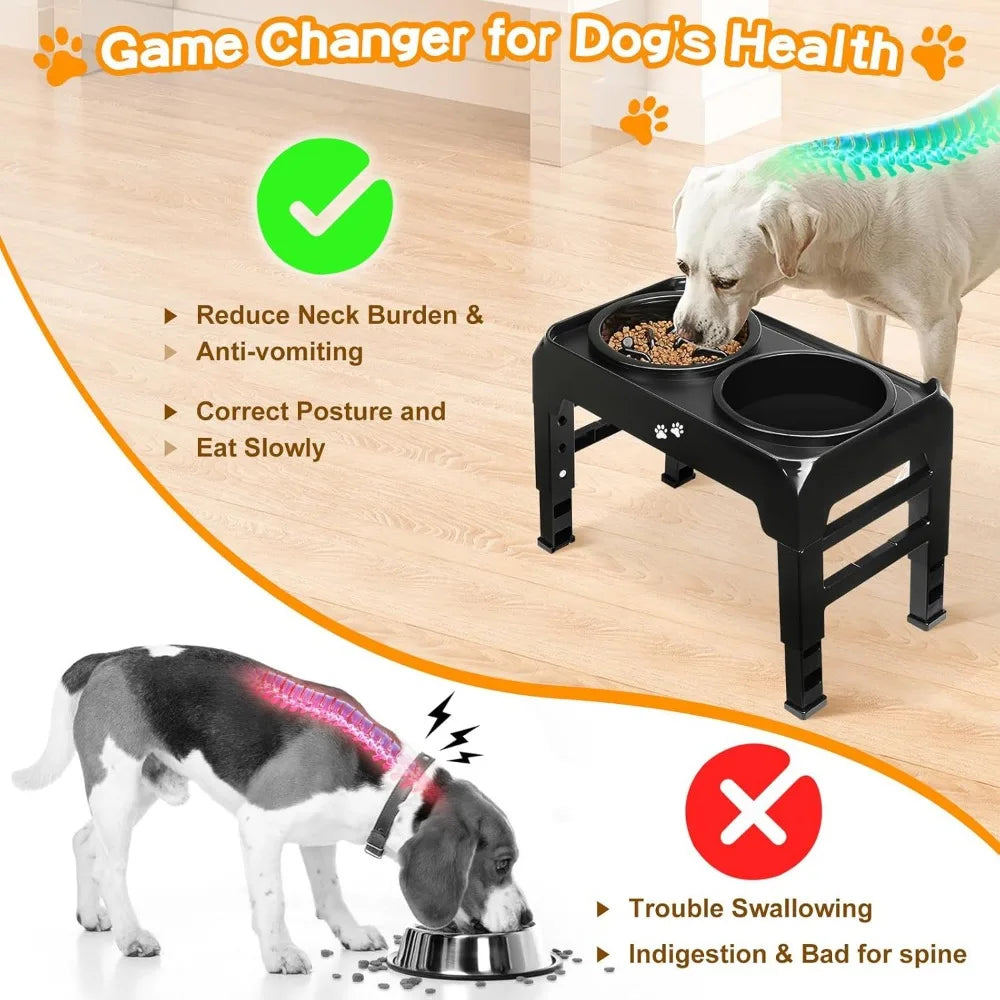 Elevated 2 In 1 Dog Feeder With Slow Feeder And Water Bowl Four Level Adjustable Stand