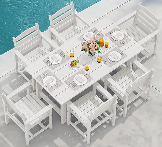 Outdoor HDPE Dining Table Set With Umbrella Hole And Six Chairs