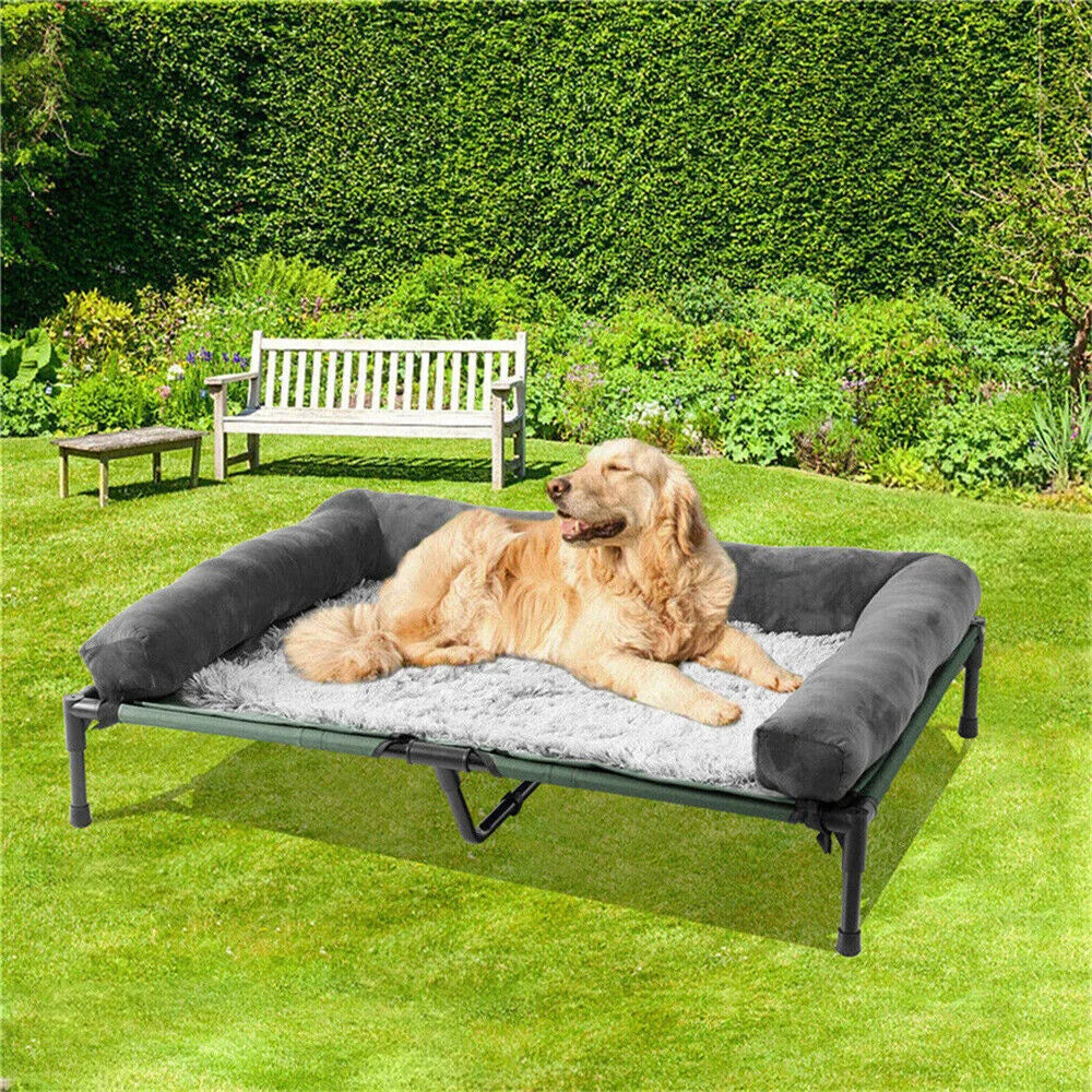 BORWARTCN Outdoor Raised Dog Bed With Cooling Breathable Mat And Plush Cushion For Home Garden