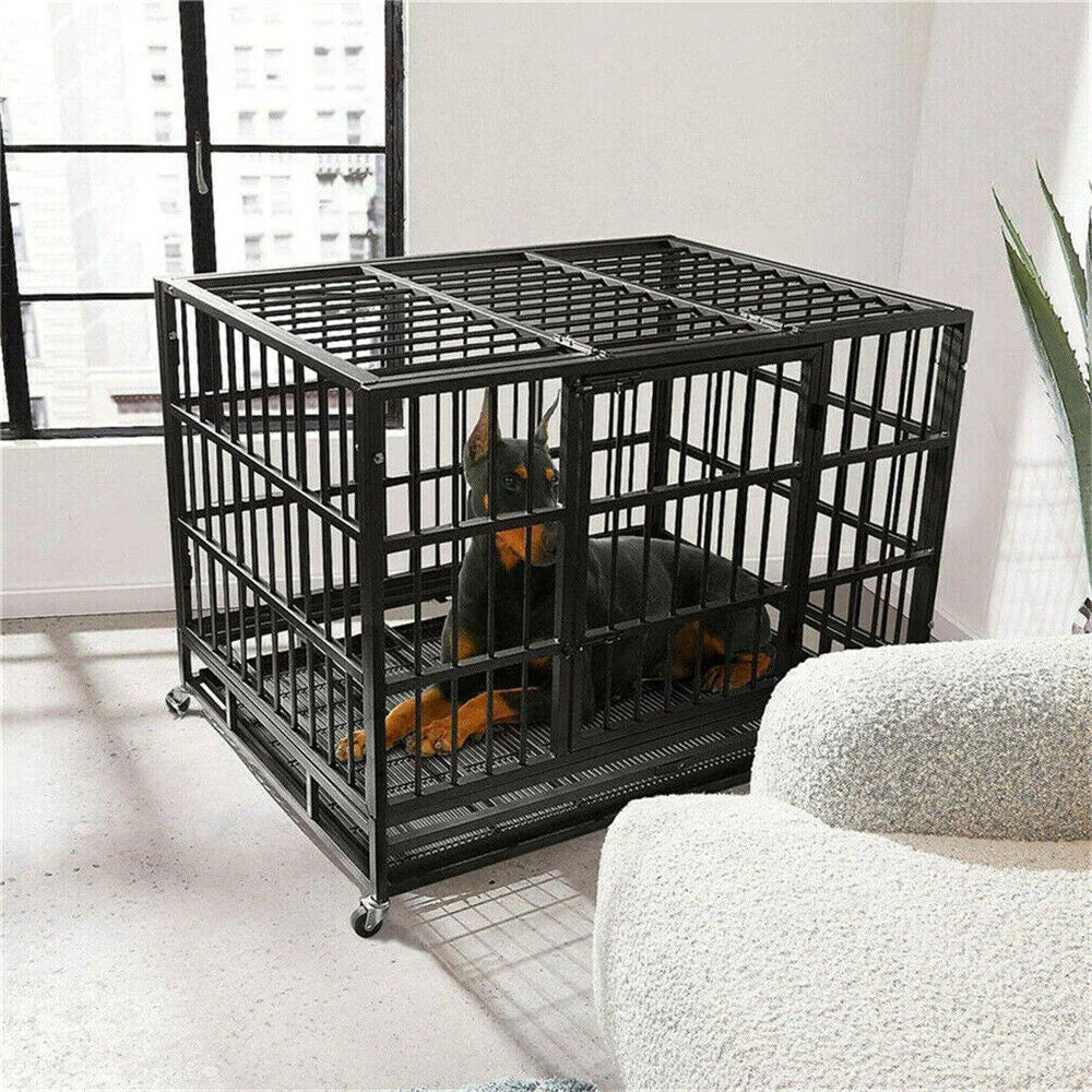 BORWARTH Heavy Duty Dog Crate With Lockable Wheels And Tray