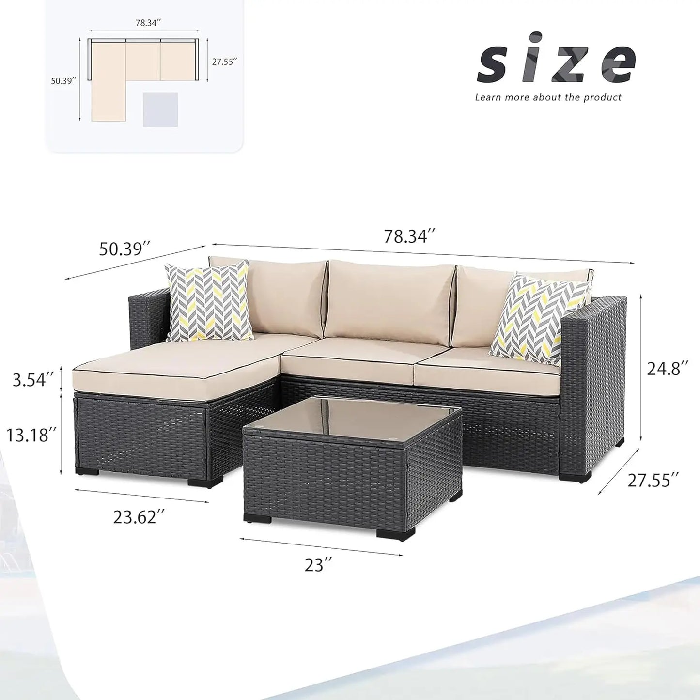 3-Piece Outdoor Sectional Set With Washable Cushions And Glass Table
