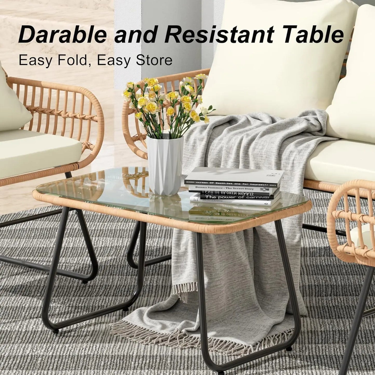 All Weather Rattan Outdoor 4 Piece Patio Set With Cushions And Glass Table