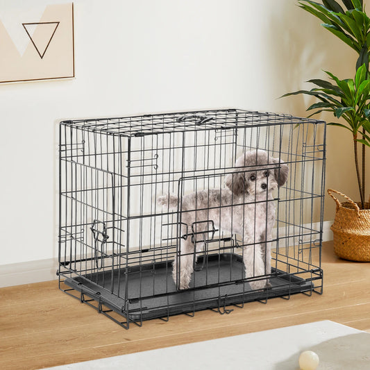 JHK DoubleDoor Folding Metal Dog Crate With LeakProof Pan