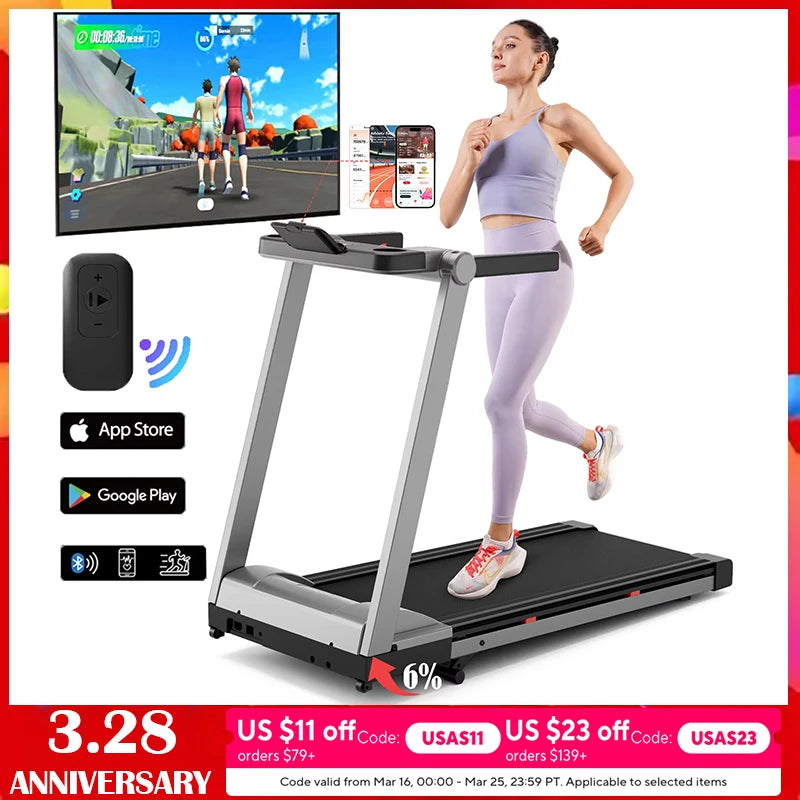 Superun Foldable Incline Treadmill With Handle Bar And App