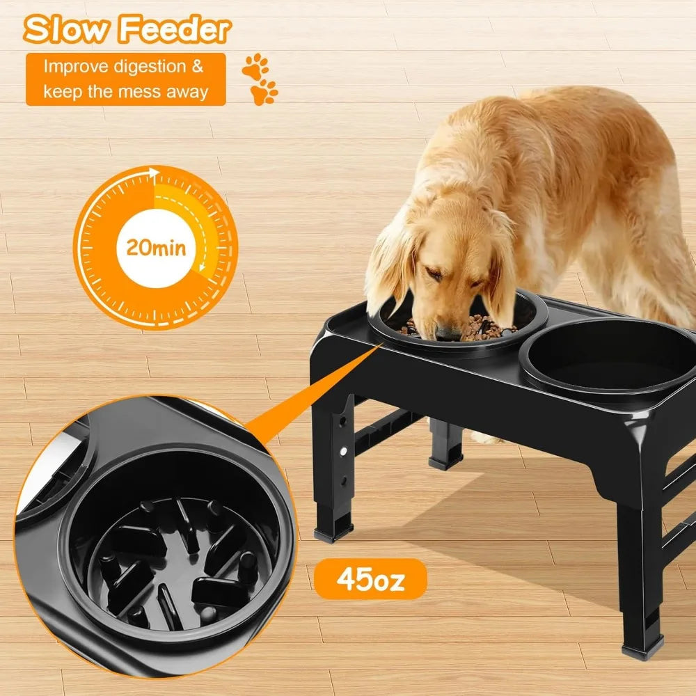 Elevated 2 In 1 Dog Feeder With Slow Feeder And Water Bowl Four Level Adjustable Stand