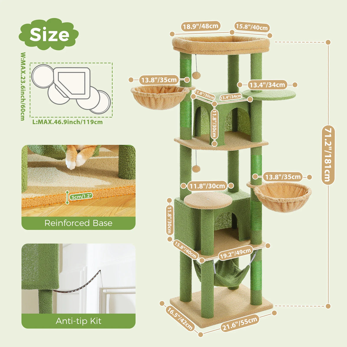 PAWZ Road Tiered Cat Tree With Scratching Posts And Hammock