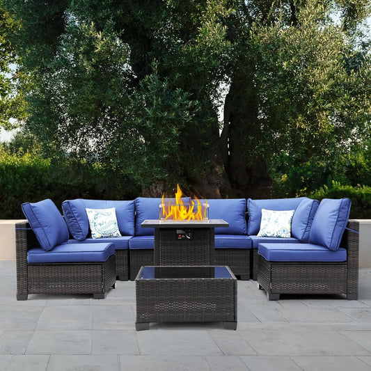 8 Piece Patio Furniture Set With Fire Pit Table Wicker