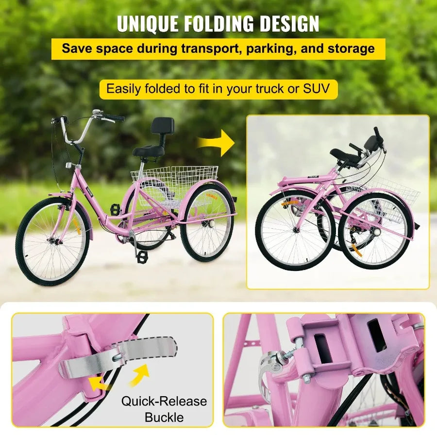 Hign-concerned Adult Tricycle 7Speed Three Wheel Foldable Trike ErgonomicAlloyFrame