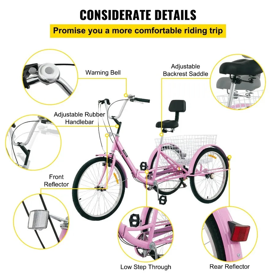 Hign-concerned Adult Tricycle 7Speed Three Wheel Foldable Trike ErgonomicAlloyFrame