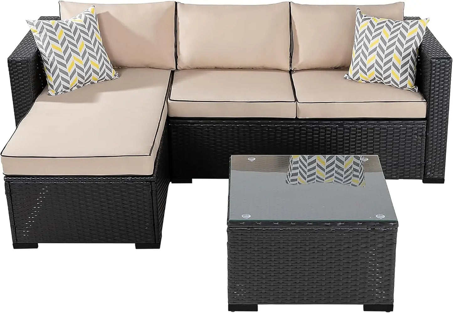3-Piece Outdoor Sectional Set With Washable Cushions And Glass Table
