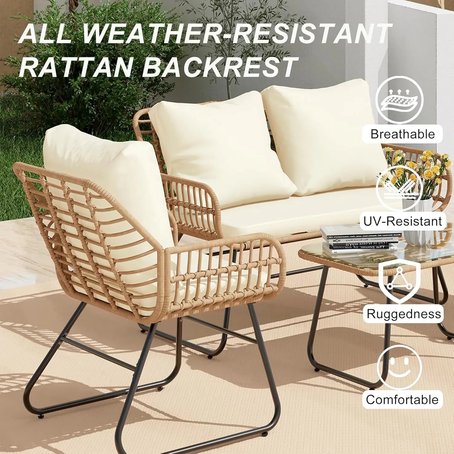 Outdoor 4 Piece Rattan Patio Furniture Set With Cushions