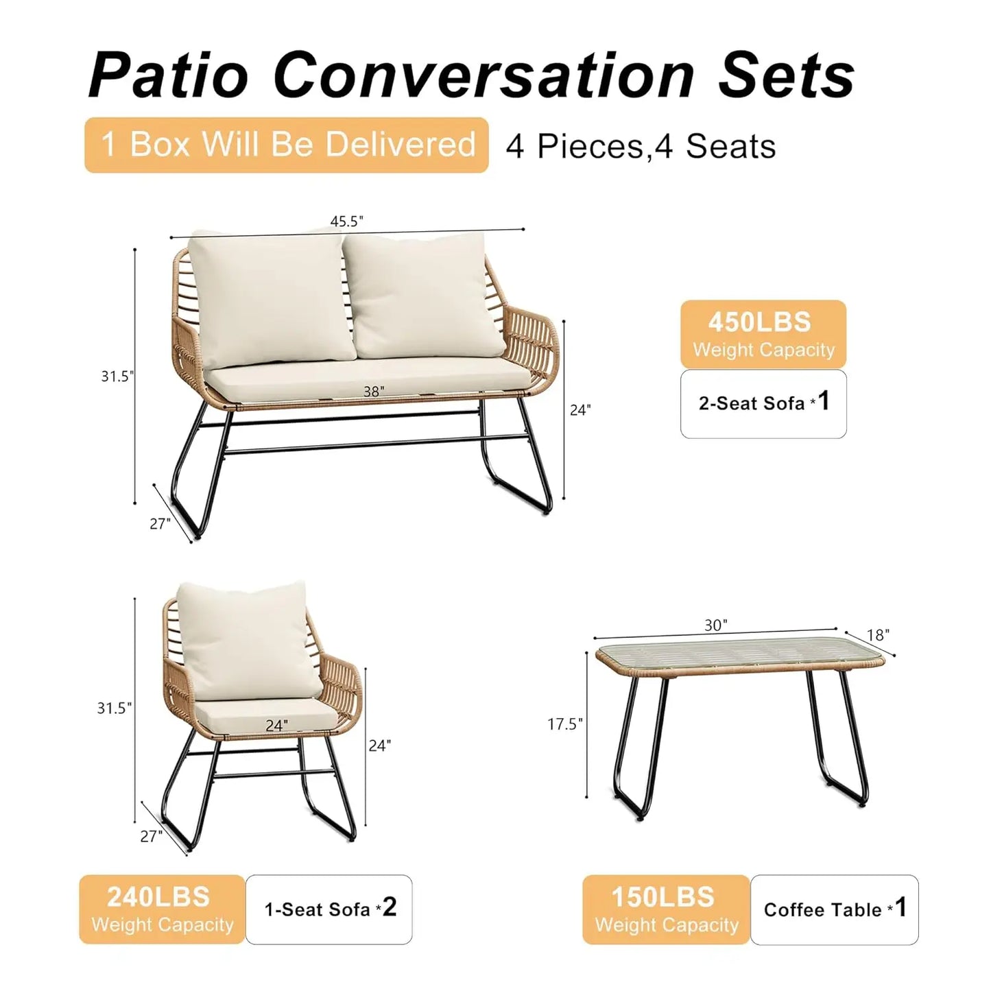 Outdoor 4 Piece Rattan Patio Furniture Set Glass Table