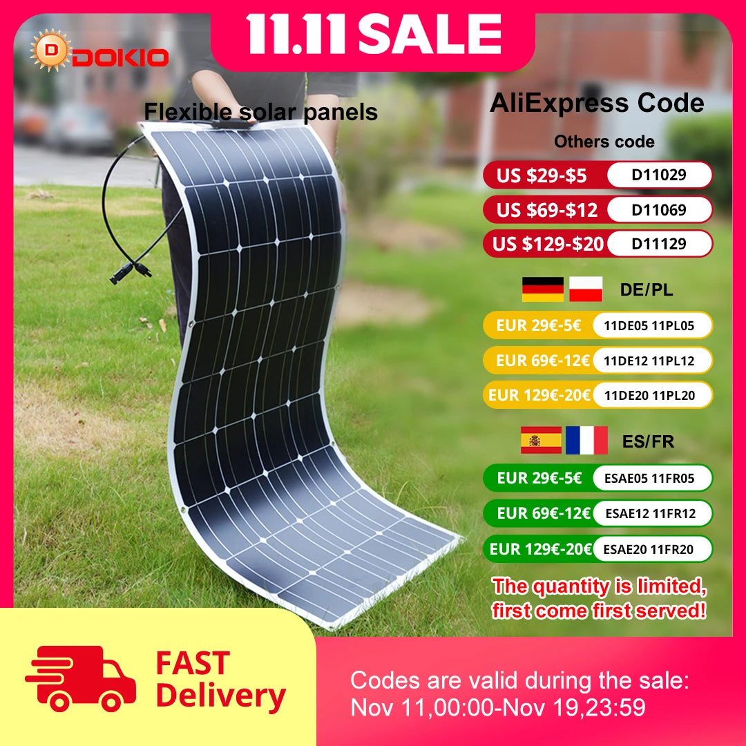DOKIO 100W Flexible Monocrystalline Solar Panel For Camping RVs 12V