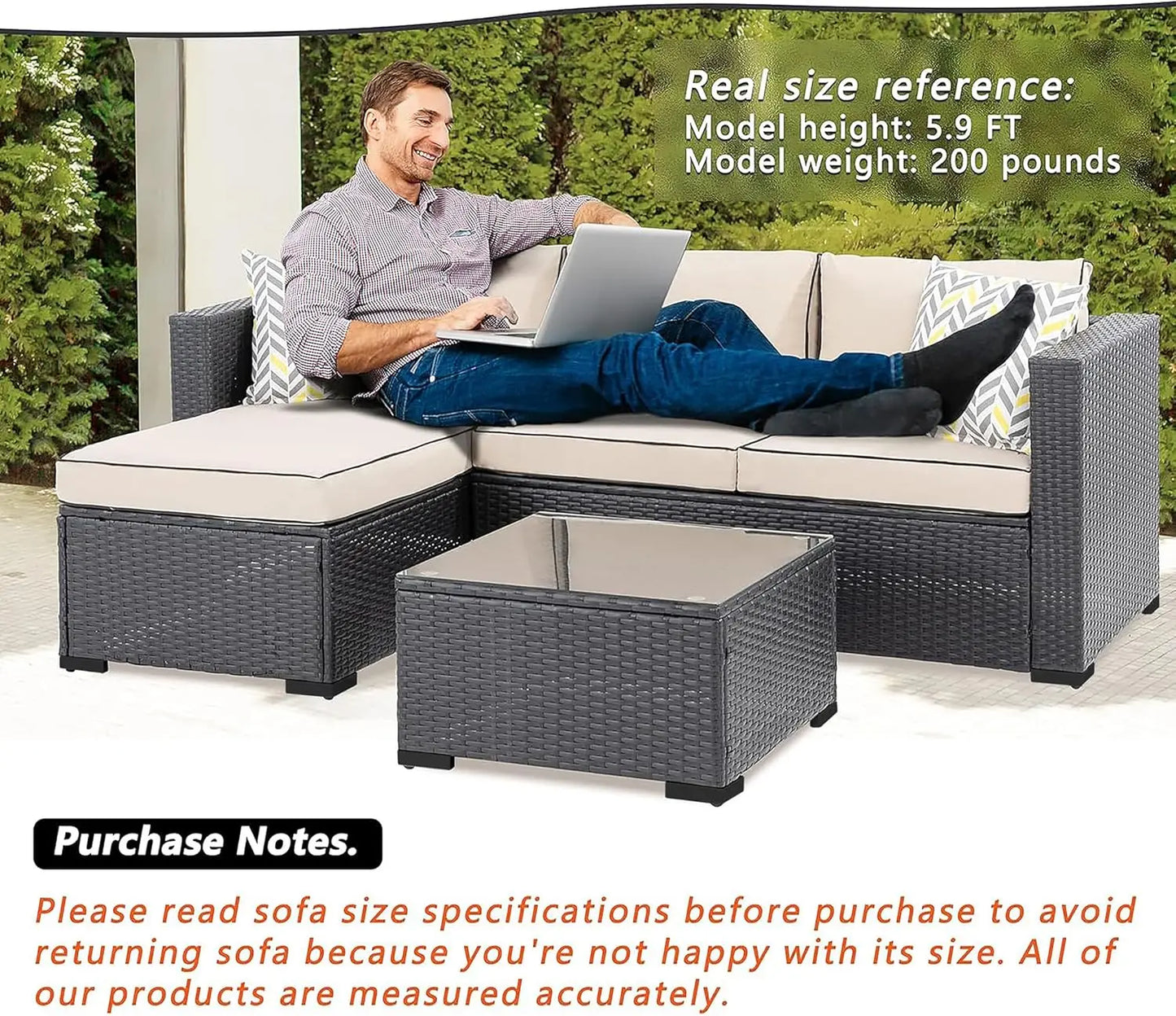 3-Piece Outdoor Sectional Set With Washable Cushions And Glass Table