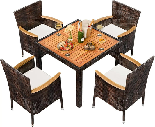 5-Piece Patio Dining Set With Wicker Chairs And Wood Table