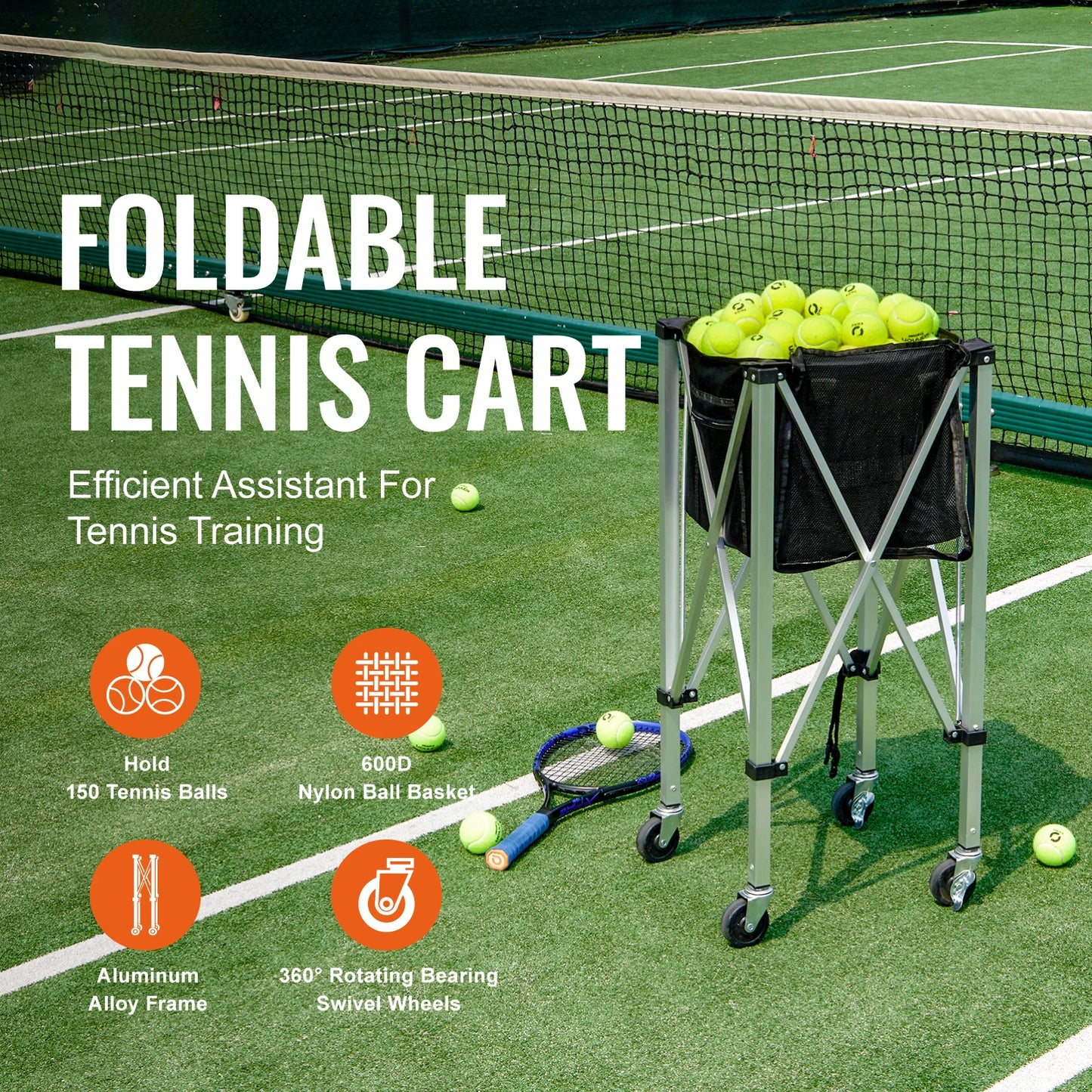 VEVOR SucceBuy Foldable Tennis Ball Cart Portable Holds 150 Balls Perfect For Courts