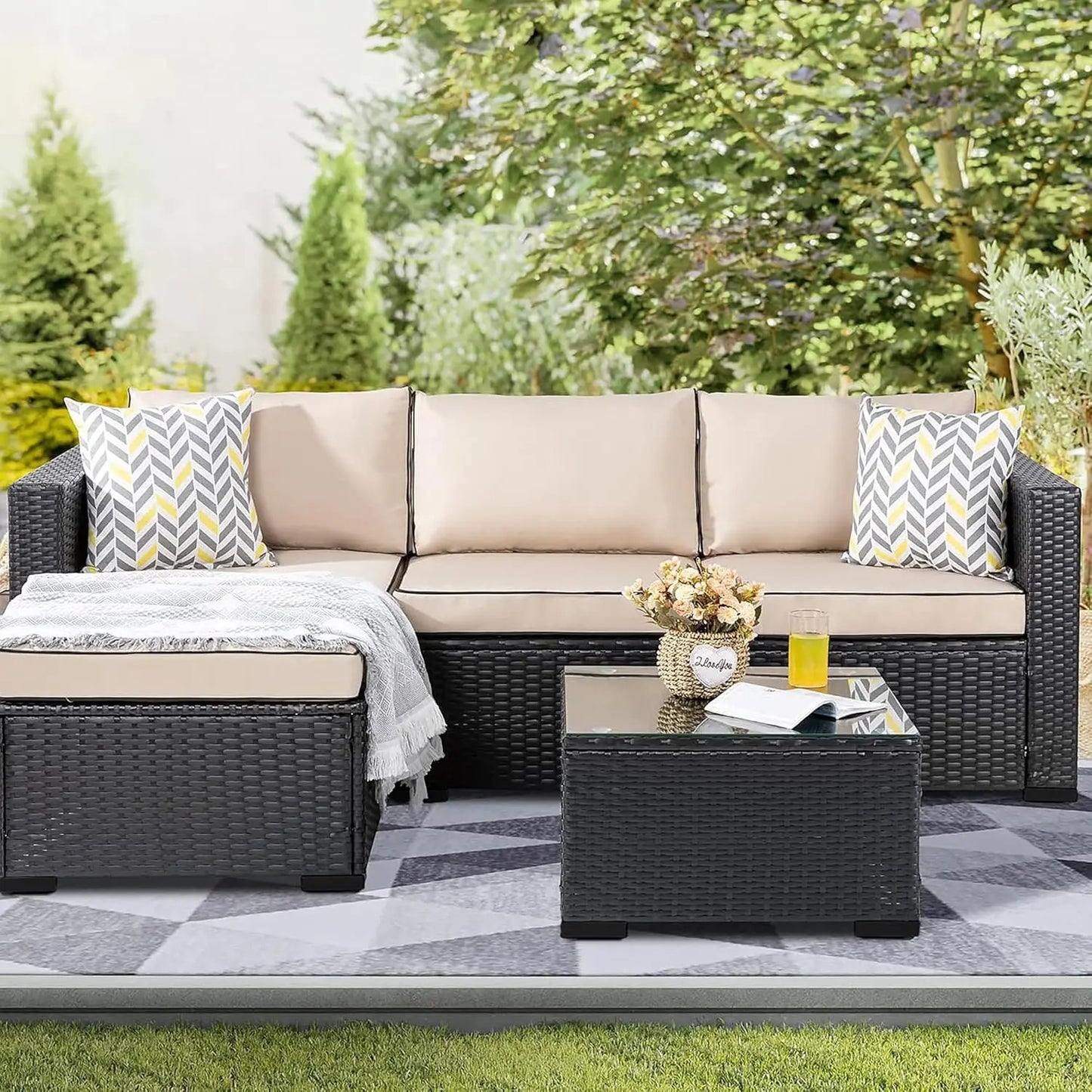 3-Piece Outdoor Sectional Set With Washable Cushions And Glass Table