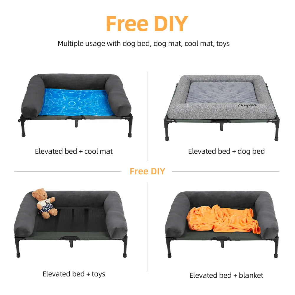 BORWARTCN Outdoor Raised Dog Bed With Cooling Breathable Mat And Plush Cushion For Home Garden