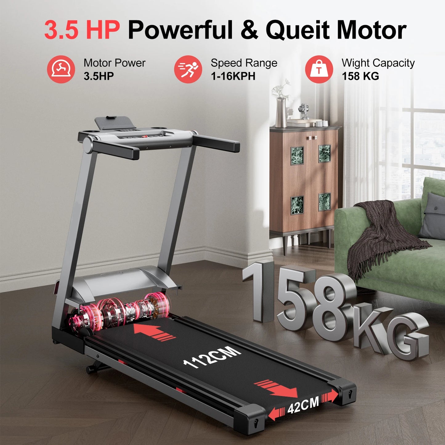 Superun 3.5HP Foldable Incline Treadmill With Handle Bar Holder