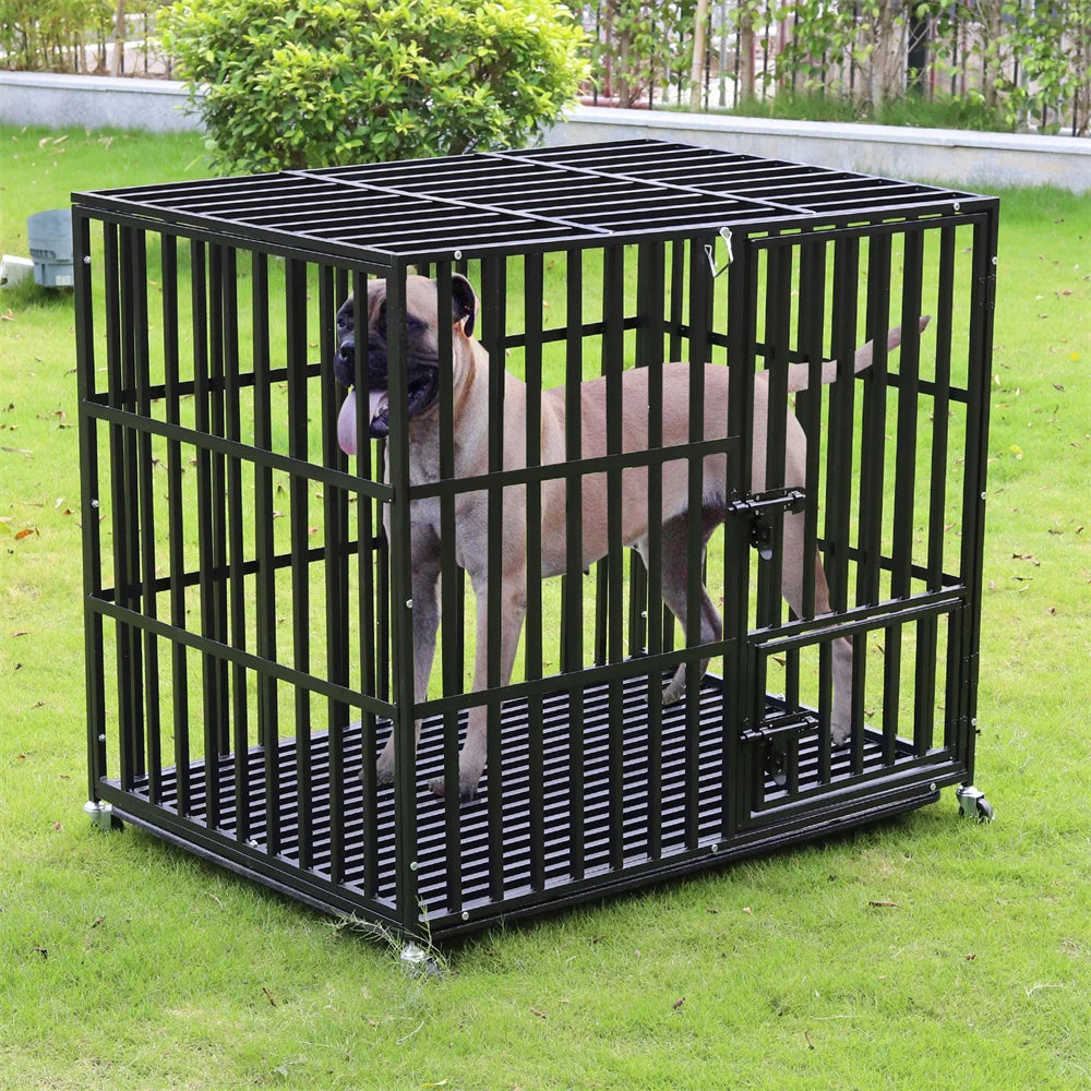 BORWARTH Heavy Duty Dog Crate With Lockable Wheels And Tray