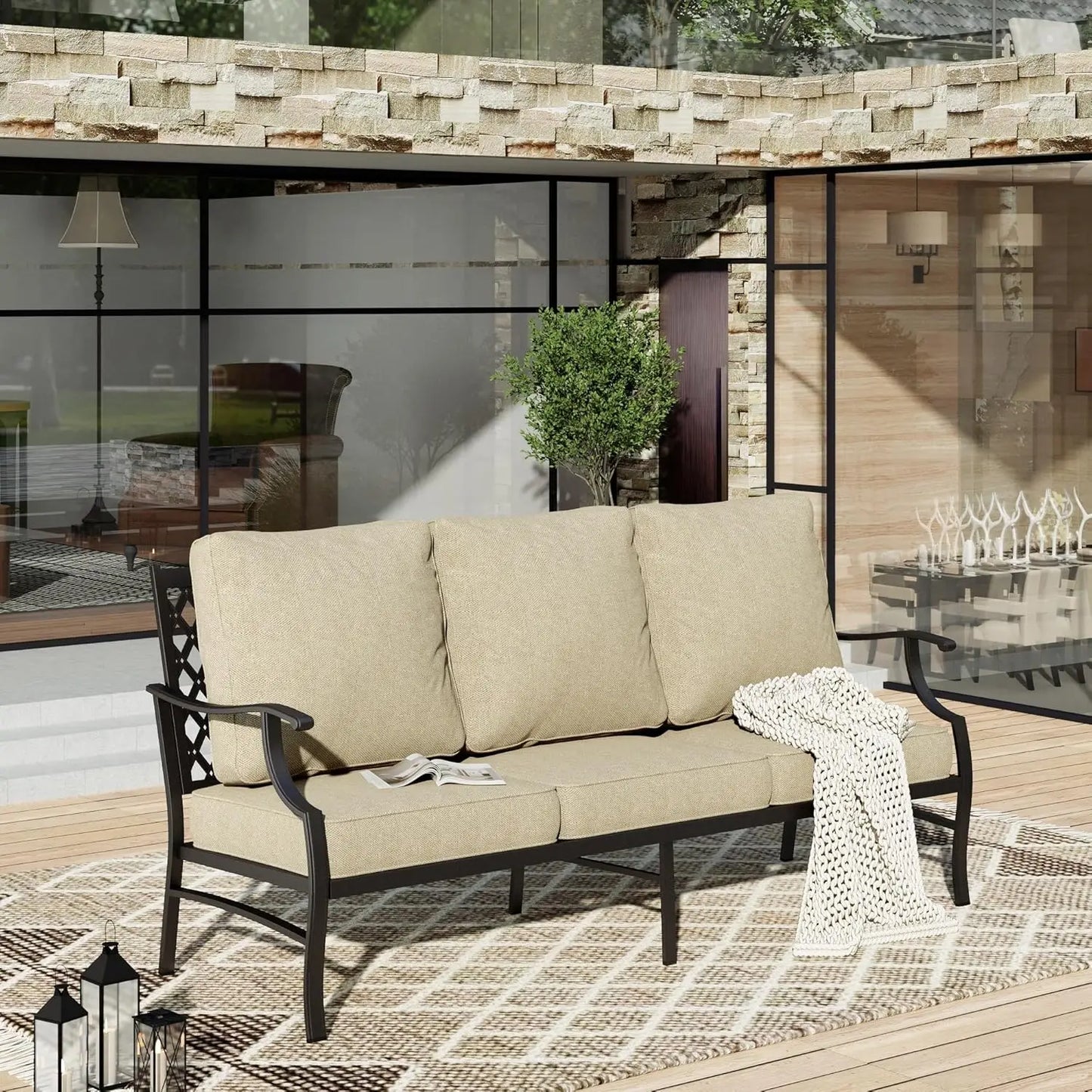 HUANZHUANG All Weather 3 Seat Outdoor Patio Sofa with Cushions