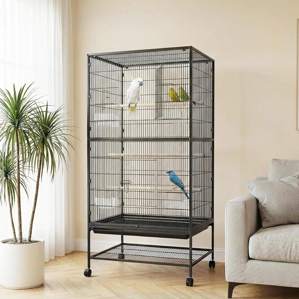 HiMISS Extra Large Bird Cage With Rolling Stands And Bowls