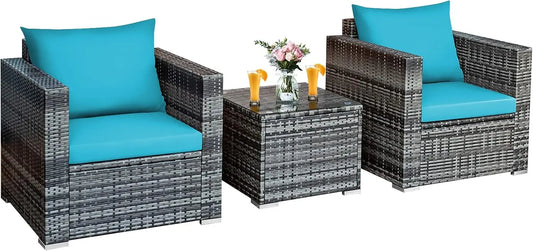 Outdoor Wicker Rattan 3 Piece Patio Set With Cushions And Table