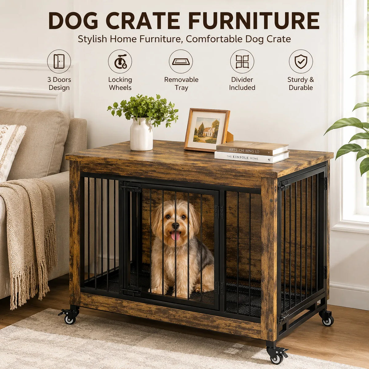 Anixol Wooden Dog Crate Furniture End Table With Locking Doors