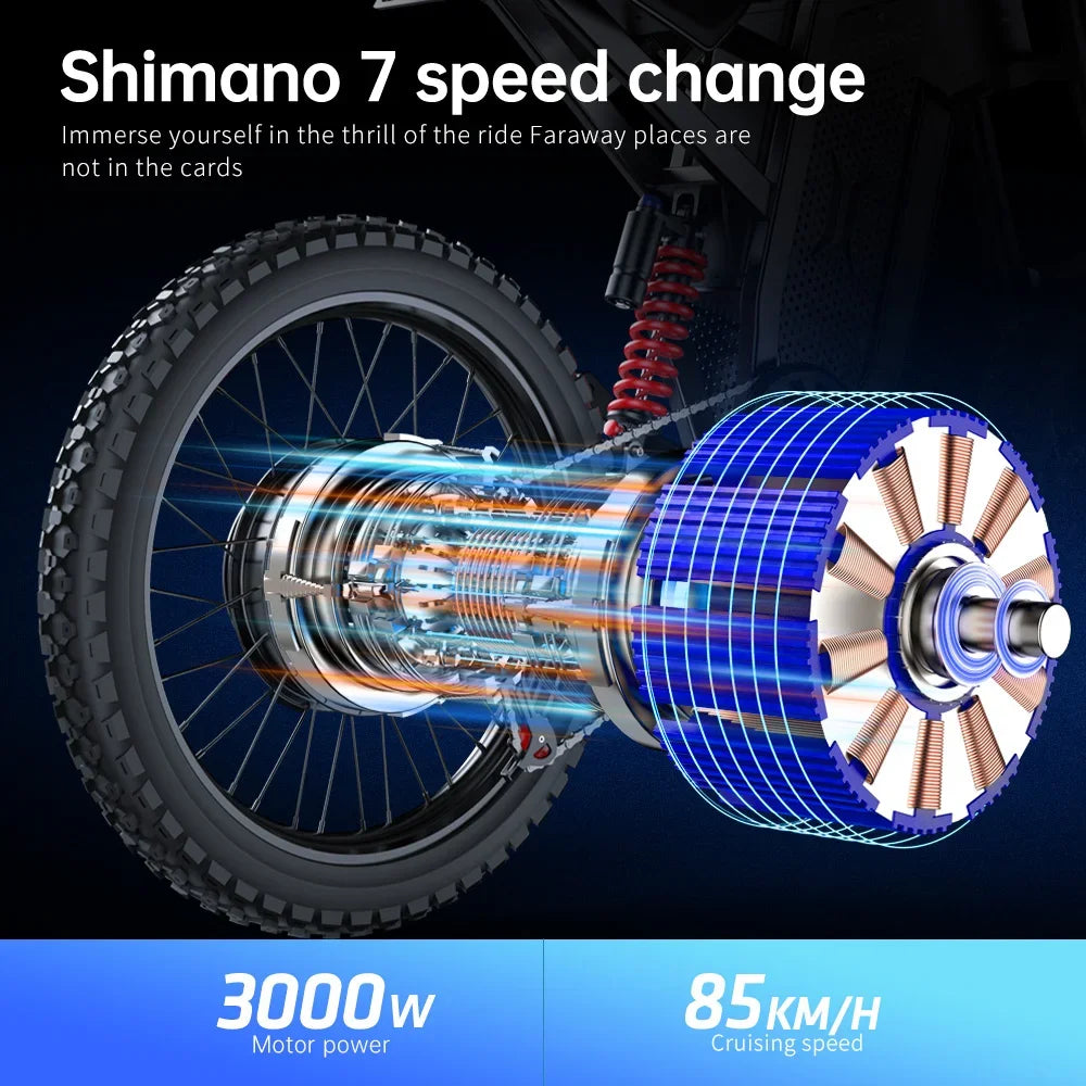 X21MAX Electric Mountain Bike 3000W Brushless Motor 60V30Ah Battery Off-Road-Ready