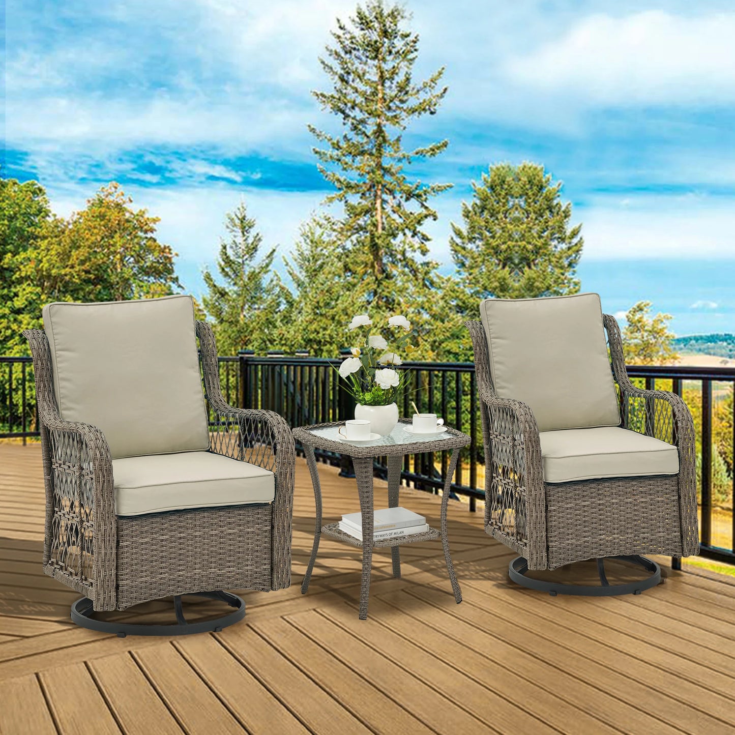 HobbyLane 3-Piece Outdoor Wicker Swivel Chair Set With Table