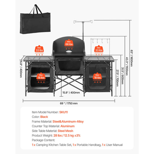 SucceBuy Camping Kitchen Table Aluminum Portable Cook Station With Cupboards