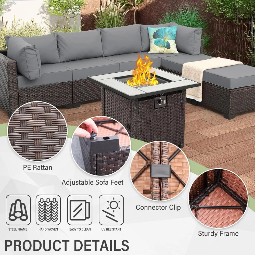 7 Piece Patio Set With Sectional Sofa And Fire Pit