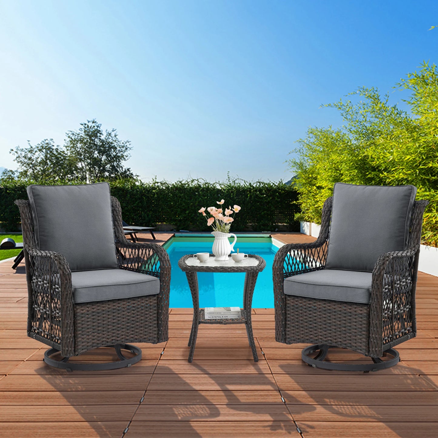 HobbyLane 3-Piece Outdoor Wicker Swivel Chair Set With Table