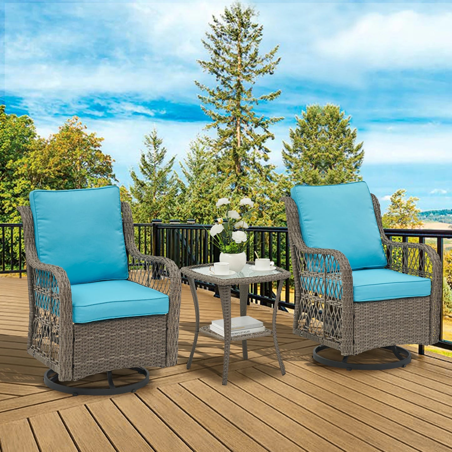 HobbyLane 3-Piece Outdoor Wicker Swivel Chair Set With Table