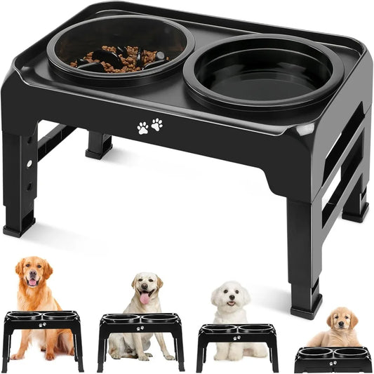 Elevated 2 In 1 Dog Feeder With Slow Feeder And Water Bowl Four Level Adjustable Stand