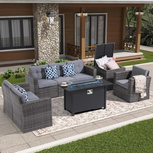 Patio Set Rattan Wicker Sofa With 50000 BTU Fire Pit