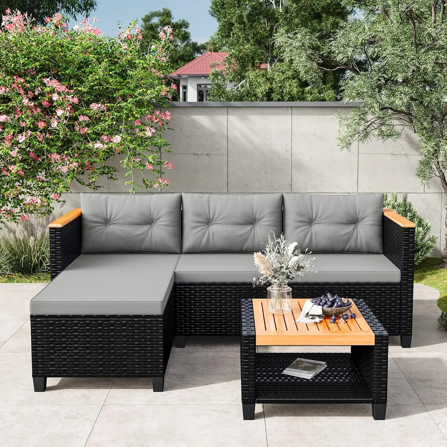 All Weather Rattan Outdoor Sectional Sofa Set With Storage Table