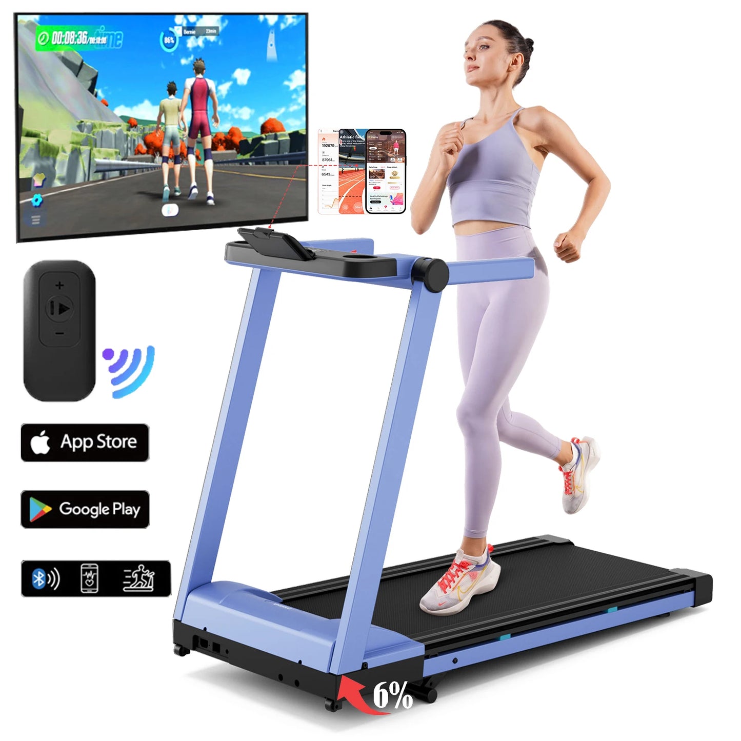 Superun Foldable Incline Treadmill With Handle Bar And App
