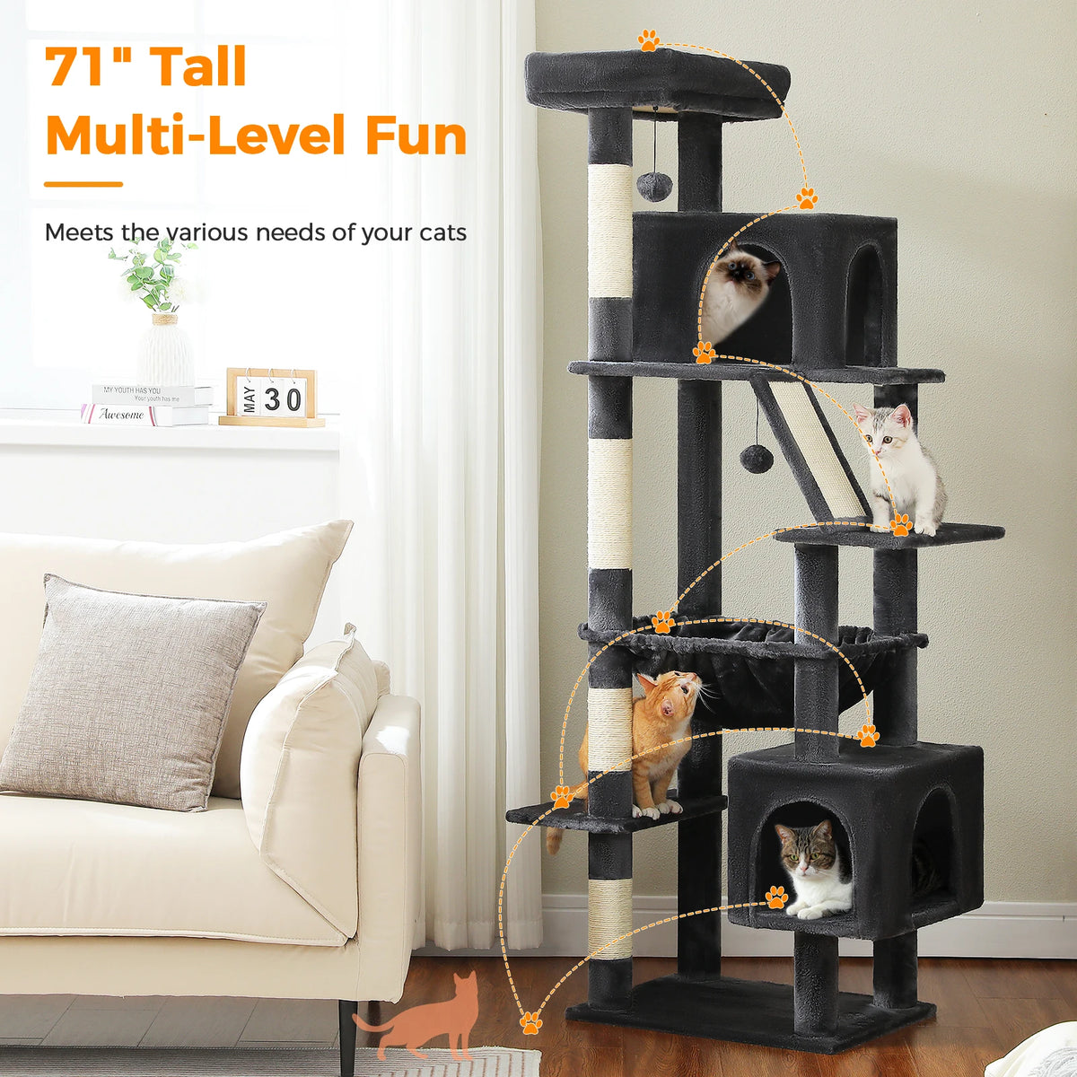 PAWZ Road Tiered Cat Tree With Scratching Posts And Hammock