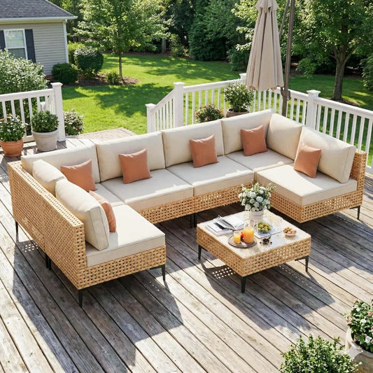 7 Piece Outdoor Sectional Sofa Set With Thick Cushions Wicker