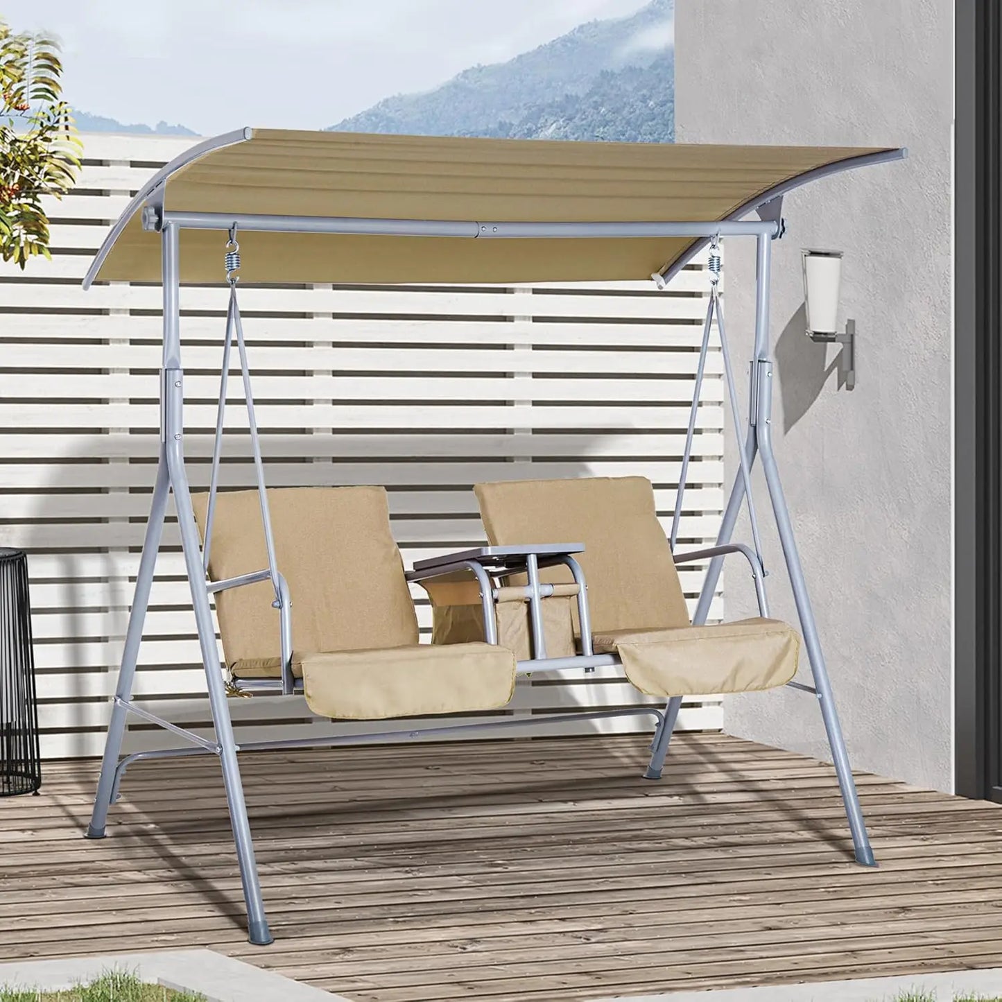 HUANZHUANG 2 Person Outdoor Porch Swing With Canopy And Table